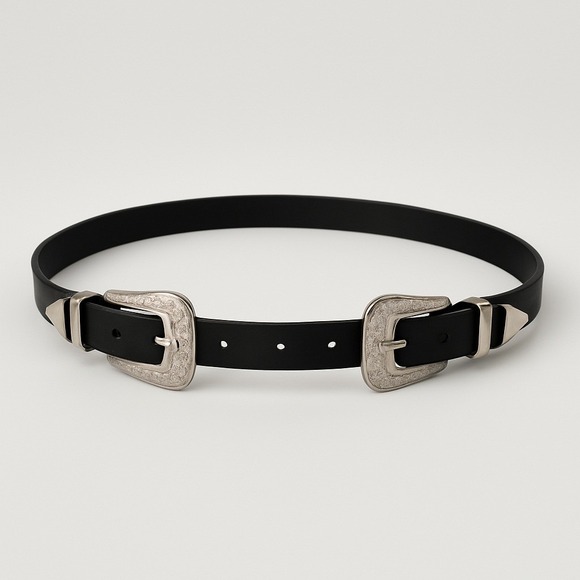 Accessories - Women's Black Western Double Buckle Belt Engraved Silver Hardware Cowgirl Rodeo